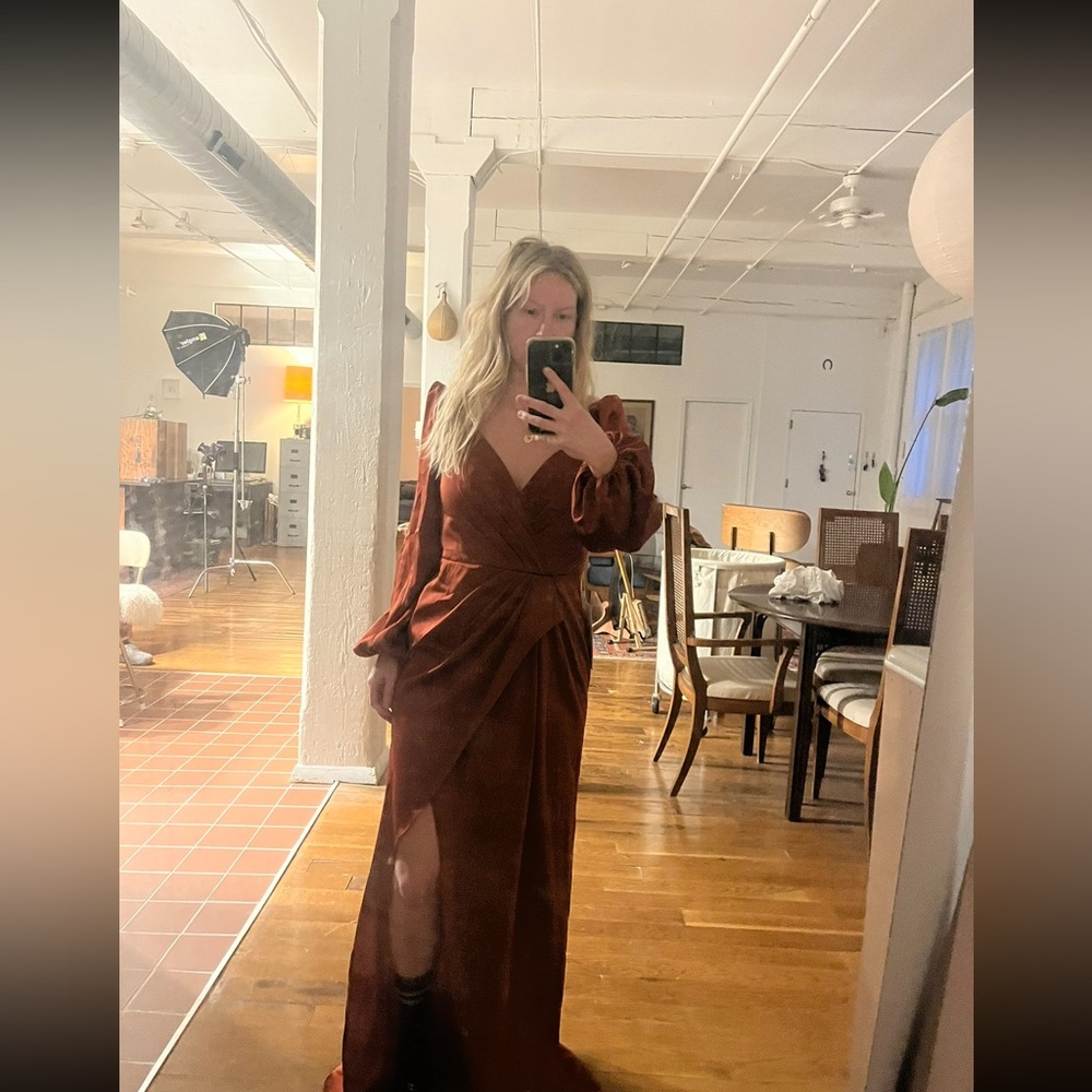 NWT Azazie Mel Stretch Satin Bridesmaid Dress in Terracotta